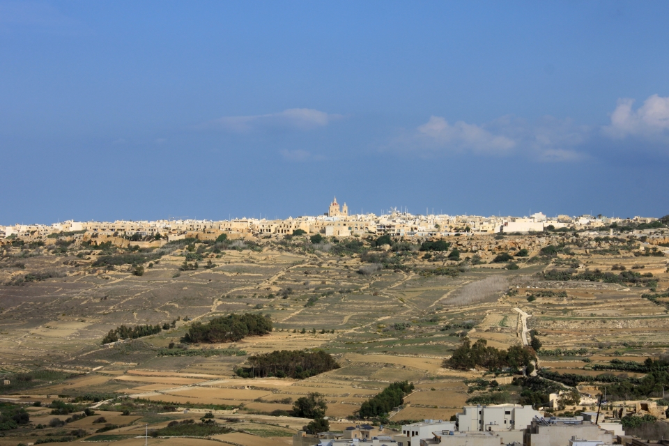 Panorama de la citadelle de Victoria : Ix-Xagħra, sa Basilique et son moulin