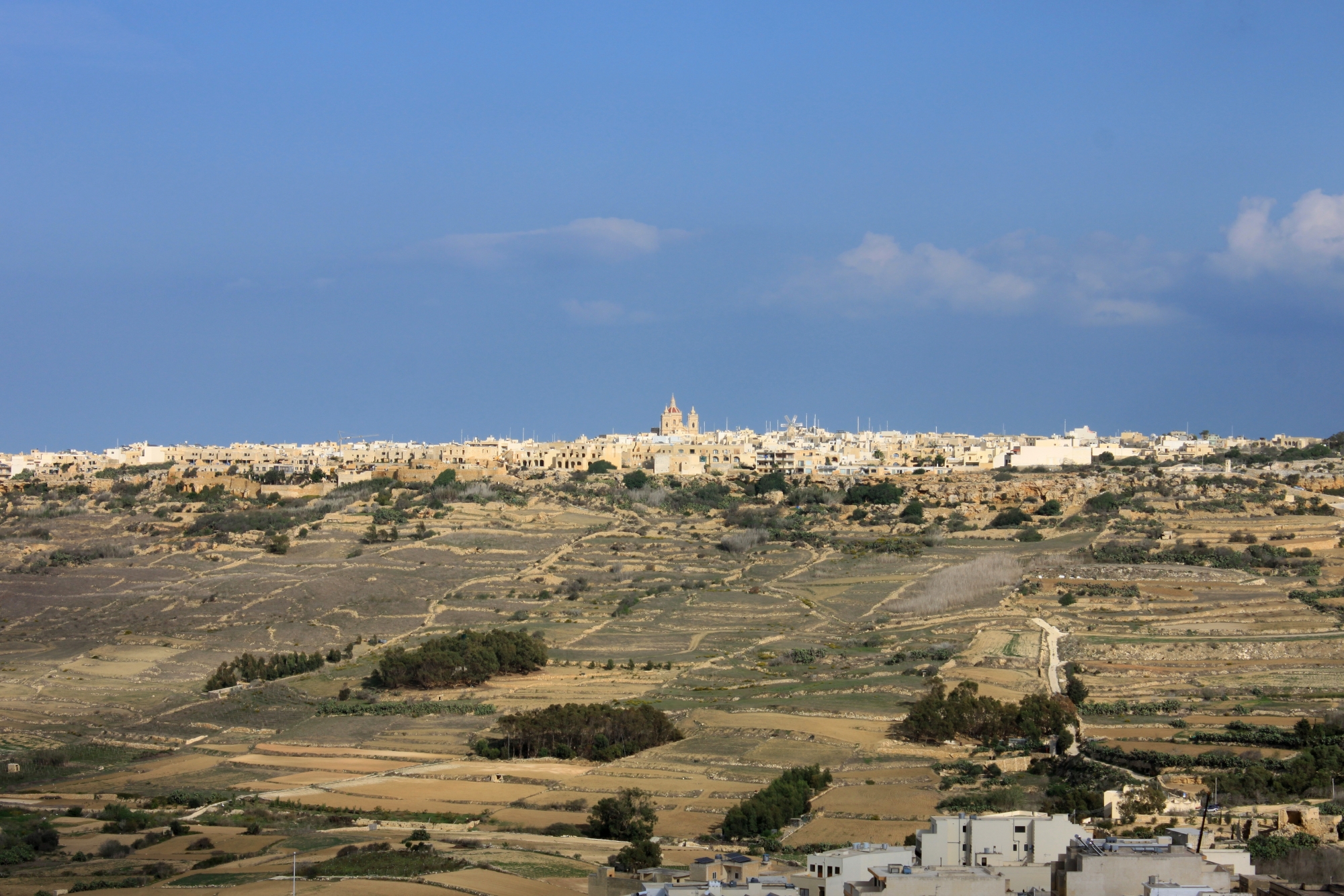 Panorama de la citadelle de Victoria : Ix-Xagħra, sa Basilique et son moulin